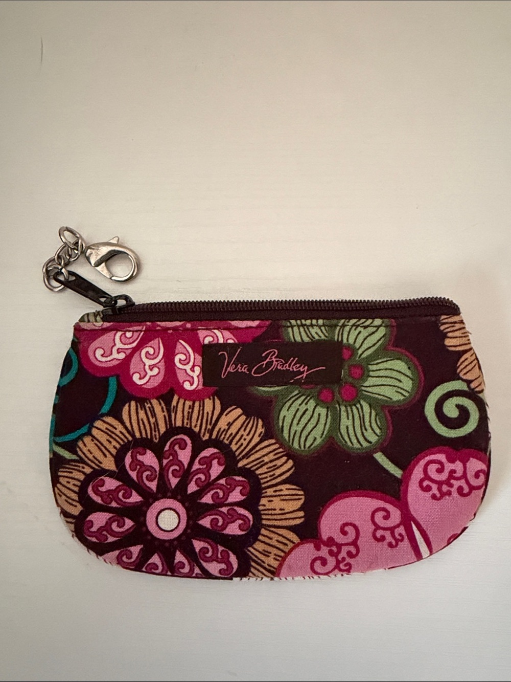 Vera Bradley Brown Floral Zip Wristlet with Pink and Green Accents